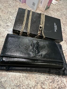 Saint Laurent Black Leather YSL Flap Clutch with Gold Chain